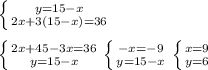 \left \{ {{y=15-x} \atop {2x+3(15-x)=36}} \right. \\\\\left \{ {{2x+45-3x=36} \atop {y=15-x}} \right. \left \{ {{-x=-9} \atop {y=15-x}} \right. \left \{ {{x=9} \atop {y=6}} \right.