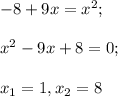 -8+9x=x^2;\\\\x^2-9x+8=0;\\\\x_1=1, x_2=8