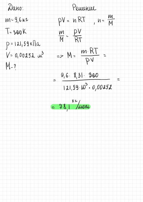 Какова молярная масса газа (г/моль), если газ, взятый массой 9,6кг, находится при температуре 300 К