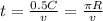 t=\frac{0.5C}{v}=\frac{\pi R}{v}