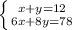 \left \{ {{x+y=12} \atop {6x+8y=78}} \right.