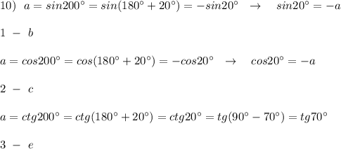 10)\ \ a=sin200^\circ=sin(180^\circ +20^\circ )=-sin20^\circ \ \ \to \ \ \ sin20^\circ =-a\\\\1\ -\ b\\\\a=cos200^\circ =cos(180^\circ +20^\circ )=-cos20^\circ \ \ \to \ \ \ cos20^\circ =-a\\\\2\ -\ c\\\\a=ctg200^\circ =ctg(180^\circ +20^\circ )=ctg20^\circ =tg(90^\circ -70^\circ )=tg70^\circ \\\\3\ -\ e