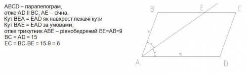 В паралелограмі АВCD проведено бісектрису кута А, яка перетинає сторону ВС вточці Е. Чому дорівнюють