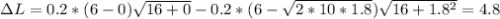 \Delta L=0.2*(6-0)\sqrt{16+0}-0.2*(6-\sqrt{2*10*1.8} )\sqrt{16+1.8^2}=4.8