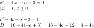 x^2-4|x|-a+3=0 \\ |x|=t, \ t\geq 0\\ \\ t^2-4t-a+3=0 \\ D=16-4(-a+3)=16+4a-12=4+4a