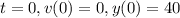 t=0, v(0)=0, y(0)=40