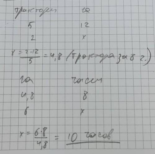 Пять тракторов спахивают 12 га земли за 08ч.За сколько часов два трактора вспашут шесть га земли?