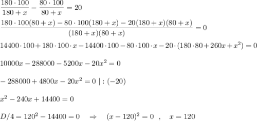 \dfrac{180\cdot 100}{180+x}-\dfrac{80\cdot 100}{80+x}=20\\\\\dfrac{180\cdot 100(80+x)-80\cdot 100(180+x)-20(180+x)(80+x)}{(180+x)(80+x)} =0\\\\14400\cdot 100+180\cdot 100\cdot x-14400\cdot 100-80\cdot 100\cdot x-20\cdot (180\cdot 80+260x+x^2)=0\\\\10000x-288000-5200x-20x^2=0\\\\-288000+4800x-20x^2=0\ |:(-20)\\\\x^2-240x+14400=0\\\\D/4=120^2-14400=0\ \ \ \Rightarrow \ \ \ (x-120)^2=0\ \ ,\ \ \ x=120