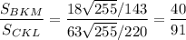 \dfrac{S_{BKM}}{S_{CKL}}=\dfrac{18\sqrt{255}/143}{63\sqrt{255}/220}=\dfrac{40}{91}