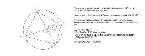 Про четырехугольник ABCD известно, что ∠BAC = 30◦, ∠BCA = 40◦,∠CAD = 50◦,∠ACD = 60◦ Чему равен угол