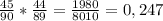 \frac{45}{90} * \frac{44}{89} = \frac{1980}{8010} = 0,247