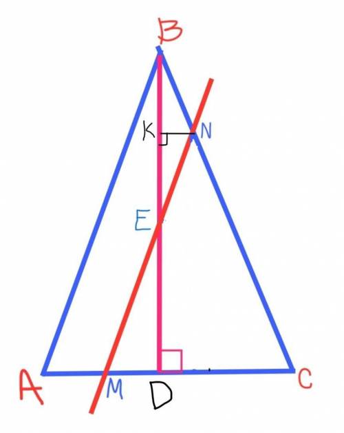 Через середину E высоты BD равнобедренного треугольника авс (АВ=ВС) проведена прямая МN//AB, М прина