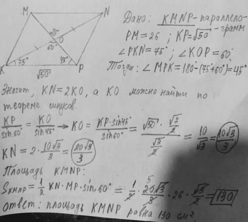 по геометрии! найдите площадь параллелограмма KMNP,если PM=26, PK=√50 угол PKN=75° и один угол между