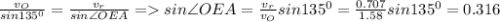 \frac{v_O}{sin135^0}=\frac{v_r}{sin\angle OEA} = sin\angle OEA=\frac{v_r}{v_O}sin135^0=\frac{0.707}{1.58}sin135^0=0.316