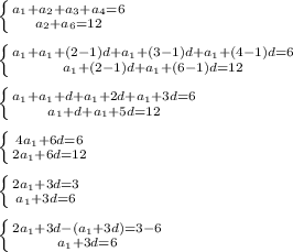 \left \{ {{a_1+a_2+a_3+a_4=6} \atop {a_2+a_6=12}} \right. \\ \\ \left \{ {{a_1+a_1+(2-1)d+a_1+(3-1)d+a_1+(4-1)d=6} \atop {a_1+(2-1)d+a_1+(6-1)d=12}} \right. \\ \\ \left \{ {{a_1+a_1+d+a_1+2d+a_1+3d=6} \atop {a_1+d+a_1+5d=12}} \right. \\ \\ \left \{ {{4a_1+6d=6} \atop {2a_1+6d=12}} \right. \\ \\ \left \{ {{2a_1+3d=3} \atop {a_1+3d=6}} \right. \\ \\ \left \{ {{2a_1+3d-(a_1+3d)=3-6} \atop {a_1+3d=6}} \right.