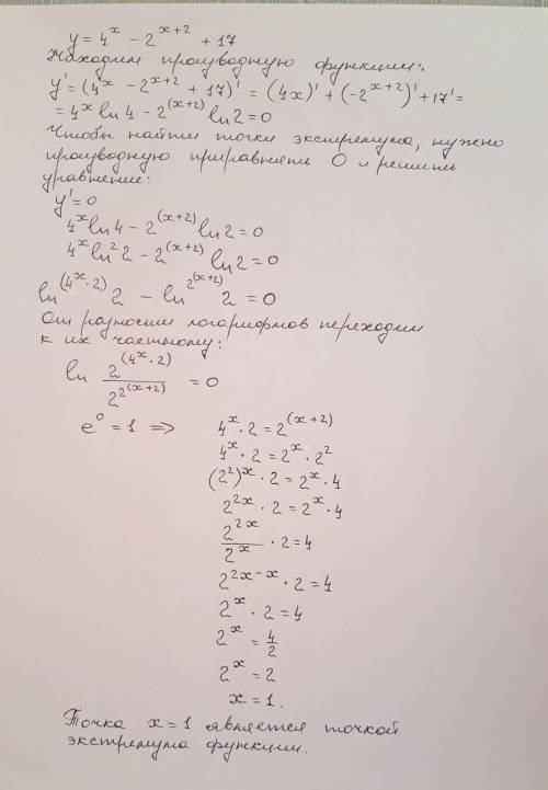 Найдите наименьшее значение функции y=4^x-2^x+2 +17