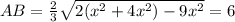 AB=\frac{2}{3}\sqrt{2(x^2+4x^2)-9x^2}=6