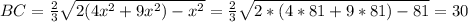 BC=\frac{2}{3}\sqrt{2(4x^2+9x^2)-x^2}=\frac{2}{3}\sqrt{2*(4*81+9*81)-81}=30