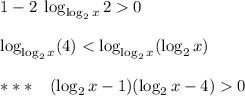 \displaystyle 1 - 2 \; \log _{ \log_2 x} 2 0\\\\\log _{ \log_2 x} (4) < \log _{ \log_2 x} (\log_2 x) \\\\\ *** \;\;\; ( \log_2 x - 1) (\log_2 x - 4) 0