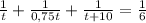 \frac{1}{t}+\frac{1}{0,75t} +\frac{1}{t+10}=\frac{1}{6}