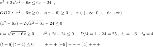 x^2+2\sqrt{x^2-6x}\leq 6x+24\ \ ,\\\\ODZ:\ x^2-6x\geq 0\ ,\ x(x-6)\geq 0\ \ ,\ \ x\in (-\infty ;\, 0\, ]\cup [\, 6\, ;+\infty)\\\\(x^2-6x)+2\sqrt{x^2-6x}-24\leq 0\\\\t=\sqrt{x^2-6x}\geq 0\ \ ,\ \ \ t^2+2t-24\leq 0\ ,\ \ D/4=1+24=25\ ,\ t_1=-6\ ,\ t_2=4\\\\(t+6)(t-4)\leq 0\ \ \ \ \ \ \ +++[-6\, ]---[\, 4\, ]+++