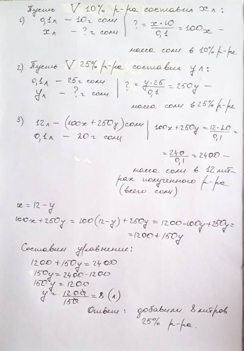 Смешали 10% и 20% растворы соли и получили 12 литров 20%Сколько литров 25% раствора было использован