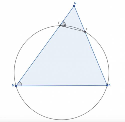 Окружность проходит через вершины M и K треугольника MKN, сторону MN пересекает в точке P, а сторону