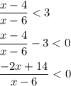 \displaystyle \dfrac{x-4}{x-6} < 3 \\\\\displaystyle \dfrac{x-4}{x-6} - 3 < 0 \\\\\displaystyle \dfrac{-2x+14}{x-6} < 0