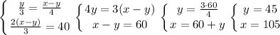 \displaystyle \left \{ {{\frac{y}{3}=\frac{x-y}{4}} \atop {\frac{2(x-y)}{3}=40}} \right. \left \{ {{4y=3(x-y)} \atop {x-y=60}} \right. \left \{ {{y=\frac{3\cdot 60}{4}} \atop {x=60+y}} \right. \left \{ {{y=45} \atop {x=105}} \right.