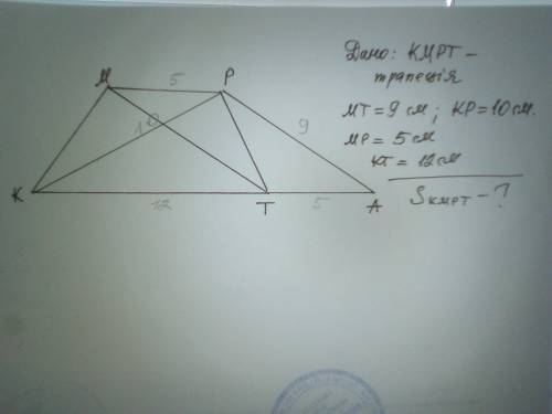 Основи трапеції дорівнюють 5 см і 12 см, а діагоналі - 9 см і 10 см. Знайдіть площу трапеції.​