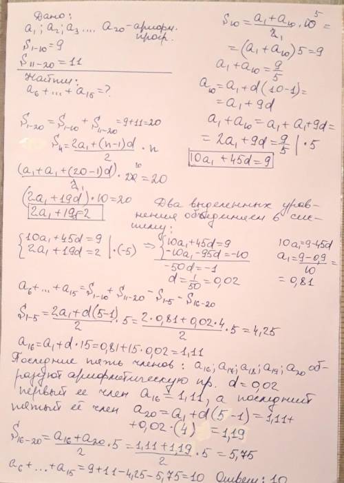 Числа а(1), a(2), a(3) ... a(20) образуют арифм прогрессию. Известно, что сумма пеарвых десяти члено