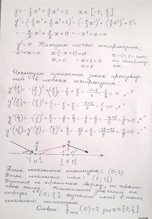 Наименьшее значение функции у=-1/3х^3+1/2х^2+2 на отрезке[-2;1/2] равно