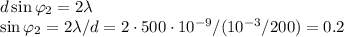 d\sin\varphi_2 = 2\lambda\\\sin\varphi_2 = 2\lambda/d = 2\cdot500\cdot10^{-9} /(10^{-3}/200) = 0.2