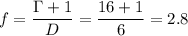 \displaystyle f=\frac{\Gamma+1}{D}=\frac{16+1}{6}=2.8