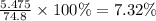 \frac{5.475}{74.8} \times 100\% = 7.32\%