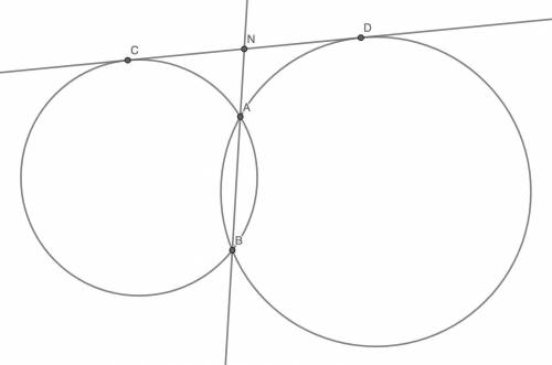 Две окружности пересекаются в точках А и В, прямая CD – общая касательная этих окружностей (C и D –