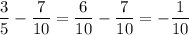 \dfrac{3}{5}-\dfrac{7}{10}=\dfrac{6}{10}-\dfrac{7}{10}=-\dfrac{1}{10}