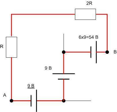 Собрана электрическая цепь, схема которой показана на рисунке. Батарейки идеальные, напряжение =9В.