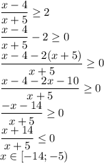 \dfrac{x-4}{x+5}\ge2\\\dfrac{x-4}{x+5}-2\ge0\\\dfrac{x-4-2(x+5)}{x+5}\ge0\\\dfrac{x-4-2x-10}{x+5}\ge0\\\dfrac{-x-14}{x+5}\ge0\\\dfrac{x+14}{x+5}\le0\\x \in [-14; -5)