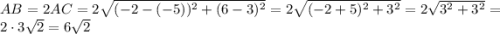 AB = 2AC = 2 \sqrt{(-2 - (-5))^2 + (6 - 3)^2} = 2 \sqrt{(-2 + 5)^2 + 3^2} = 2 \sqrt{3^2 + 3^2} = 2 \cdot 3 \sqrt{2} = 6 \sqrt{2}