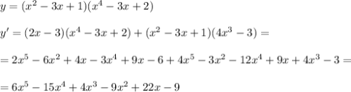 y=(x^2-3x+1)(x^4-3x+2)\\\\y'=(2x-3)(x^4-3x+2)+(x^2-3x+1)(4x^3-3)=\\\\=2x^5-6x^2+4x-3x^4+9x-6+4x^5-3x^2-12x^4+9x+4x^3-3=\\\\=6x^5-15x^4+4x^3-9x^2+22x-9