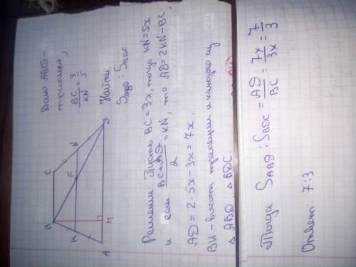 решить Отношение меньшего основания трапеции к средней линии 3:5.В каком отношении делит диагональ э