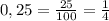 0,25 = \frac{25}{100} = \frac{1}{4}