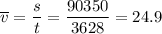 \displaystyle \overline{v}=\frac{s}{t}=\frac{90350}{3628}=24.9