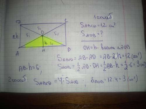 Площа прямокутника ABCD дорівнює 12 см^2. Знайти площу AОB. О – точка перетину діагоналей.​