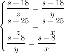 \begin{cases} \dfrac{s+18}{z} =\dfrac{s-18}{y} \\ \dfrac{s+25}{z} =\dfrac{s-25}{x} \\ \dfrac{s+8}{y} =\dfrac{s-8}{x}\end{cases}