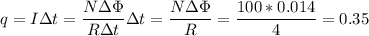 \displaystyle q=I\Delta t=\frac{N\Delta \Phi}{R \Delta t}\Delta t=\frac{N\Delta \Phi}{R}=\frac{100*0.014}{4}=0.35