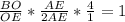 \frac{BO}{OE} *\frac{AE}{2AE} *\frac{4}{1} =1