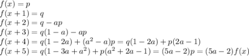 f(x) = p\\f(x+1) = q\\f(x+2) = q-ap\\f(x+3) = q(1-a)-ap\\f(x+4) = q(1-2a) + (a^2-a)p = q(1-2a)+p(2a-1)\\f(x+5) = q(1-3a+a^2) + p(a^2+2a-1) = (5a-2)p = (5a-2)f(x)