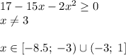 17-15x-2x^2\ge0\\x\ne3\\\\x\in[-8.5;\;-3)\cup(-3;\;1]